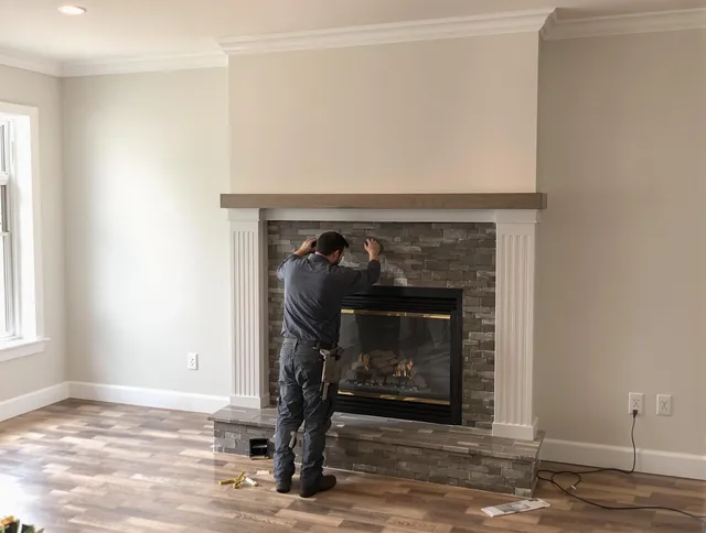 Huntington Beach Chimney Sweep finishing a custom fireplace install in Huntington Beach, CA